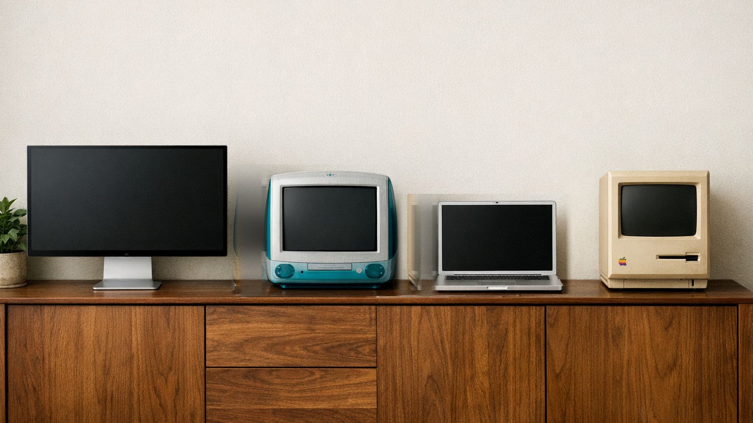 A desk holding four Mac computers from four eras — each screen opens a section of the site