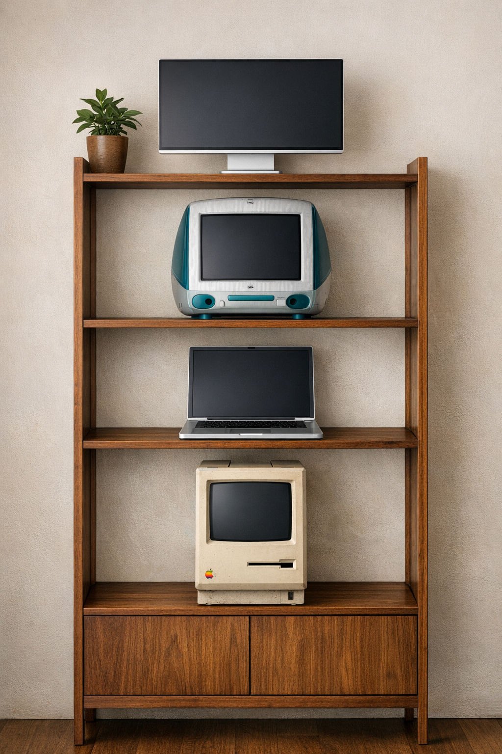 A walnut shelf holding four Mac computers from four eras — each screen opens a section of the site